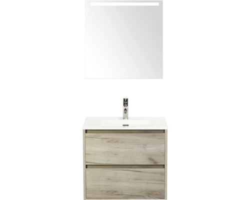 Wastafelmeubel met twee laden, wastafel, kraan en spiegel met verlichting