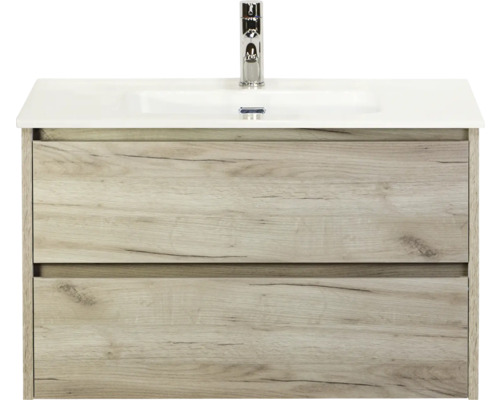 SANOX Badkamermeubelset Dante craft oak 80 cm met twee lades incl. keramische wastafel Cover met één kraangat Wastafelonderkast met twee lades, houtlook en opzetwastafel