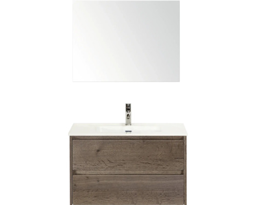 SANOX Badkamermeubelset Dante tabacco 80 cm met twee lades incl. keramische wastafel Cover met één kraangat en spiegel Wastafelcombinatie met spiegel, wastafel en onderkast