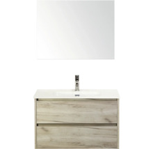 Wastafelmeubel met spiegel en twee houten lades voor de badkamer