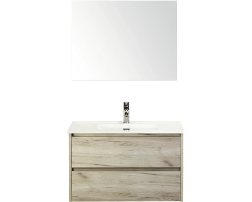 Wastafelmeubel met spiegel en twee houten lades voor de badkamer