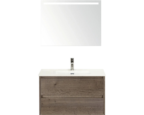 SANOX Badkamermeubelset Dante tabacco 80 cm met twee lades incl. keramische wastafel Cover met één kraangat en spiegel met verlichting Wastafelcombinatie met spiegel en onderkast