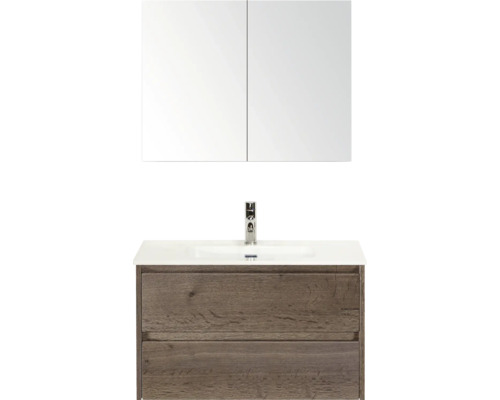 SANOX Badkamermeubelset Dante tabacco 80 cm met twee lades incl. keramische wastafel Cover met één kraangat en spiegelkast Wastafelcombinatie met spiegelkast en een wastafelonderkast met twee lades
