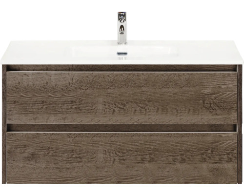 SANOX Badkamermeubelset Dante tabacco 100 cm met twee lades incl. keramische wastafel Cover met één kraangat Wastafelonderkast met twee laden en wastafel