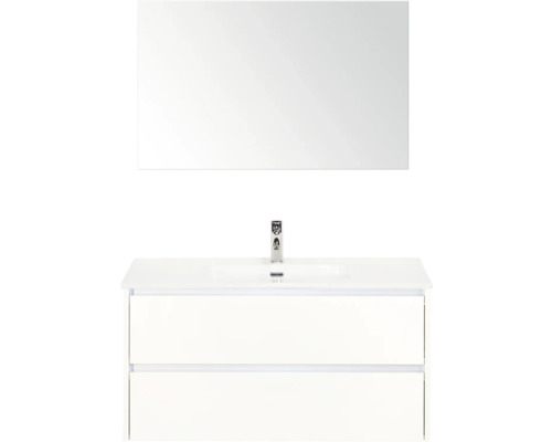 SANOX Badkamermeubelset Dante hoogglans wit 100 cm met twee lades incl. keramische wastafel Cover met één kraangat en spiegel Wastafelmeubel met spiegel en twee laden