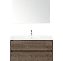 Wastafelmeubel met twee laden, wastafelblad, kraan en spiegel