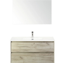 Wastafelcombinatie met spiegel, wastafel en twee laden in houtlook