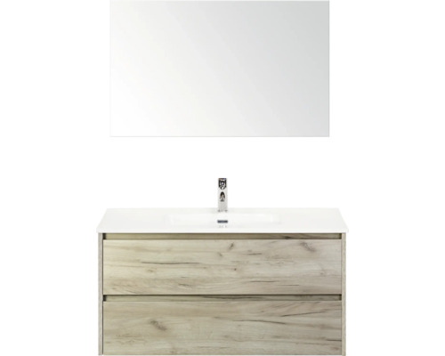 Wastafelcombinatie met spiegel, wastafel en twee laden in houtlook