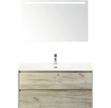 Wastafelmeubel met twee laden, wastafel en spiegel met verlichting