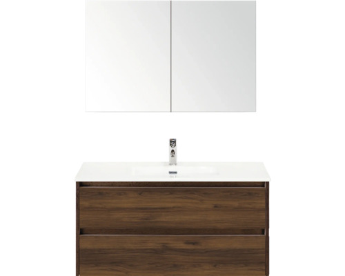 Wastafelcombinatie met spiegelkast en houten decor