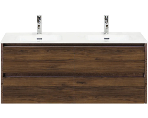 Wastafelonderkast met twee wastafels en vier laden in houtdecor