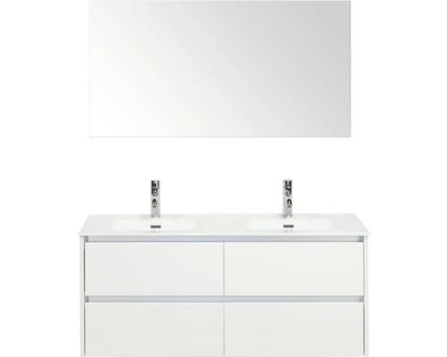 SANOX Badkamermeubelset Dante hoogglans wit 120 cm met vier lades incl. dubbele keramische wastafel Cover met twee kraangaten en spiegel Badkamermeubelset met dubbele wastafel, onderkast en spiegel