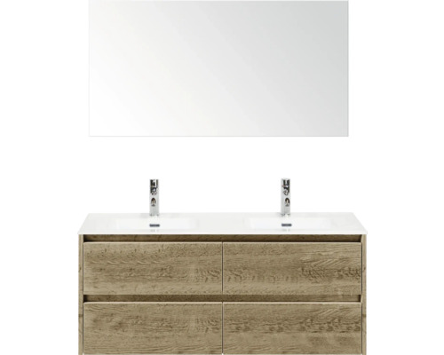 SANOX Badkamermeubelset Dante natuur eiken 120 cm met vier lades incl. dubbele keramische wastafel Cover met twee kraangaten en spiegel Badkamermeubelset met wastafel, wasbak en spiegel