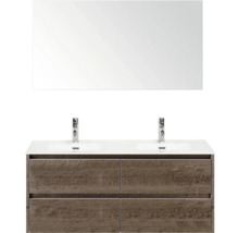 Wastafelmeubel met spiegel, dubbele wasbak en houten decor