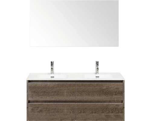 SANOX Badkamermeubelset Dante tabacco 120 cm met vier lades incl. dubbele keramische wastafel Cover met twee kraangaten en spiegel Wastafelmeubel met spiegel, dubbele wasbak en houten decor