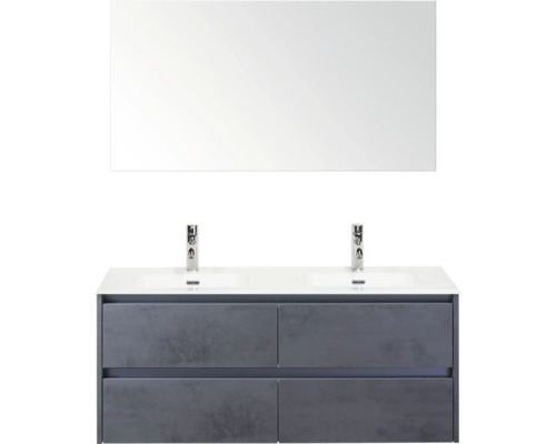 SANOX Badkamermeubelset Dante beton antraciet 120 cm met vier lades incl. dubbele keramische wastafel Cover met twee kraangaten en spiegel Wastafelmeubel met dubbele wastafel, kranen en spiegel
