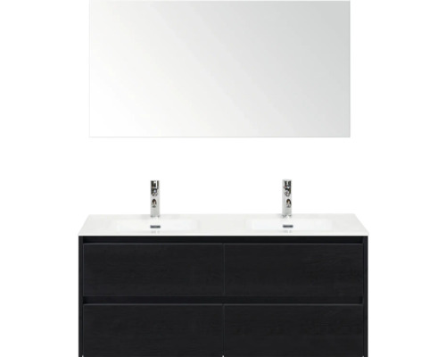 SANOX Badkamermeubelset Dante black oak 120 cm met vier lades incl. dubbele keramische wastafel Cover met twee kraangaten en spiegel Badkamermeubelset met dubbele wastafel, spiegel en onderkast