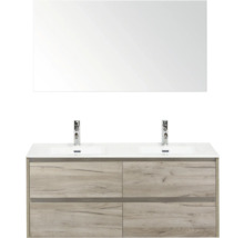 Wastafelmeubel met dubbele wastafel, spiegel en houten onderkast voor de badkamer