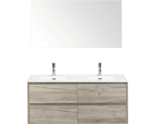 SANOX Badkamermeubelset Dante craft oak 120 cm met vier lades incl. dubbele keramische wastafel Cover met twee kraangaten en spiegel Wastafelmeubel met dubbele wastafel, spiegel en houten onderkast voor de badkamer