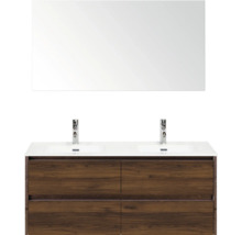 Dubbele wastafel met spiegel, onderkast met laden en twee kranen