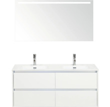 Wastafel met onderkast, dubbele wastafel, kranen en spiegel met verlichting