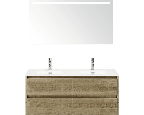 SANOX Badkamermeubelset Dante natuur eiken 120 cm met vier lades incl. dubbele keramische wastafel Cover met twee kraangaten en spiegel met verlichting Badkamer wastafelmeubel met spiegel en houtlook