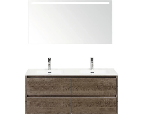 SANOX Badkamermeubelset Dante tabacco 120 cm met vier lades incl. dubbele keramische wastafel Cover met twee kraangaten en spiegel met verlichting Badkamermeubelset met wastafel, twee waskommen en verlichte spiegel