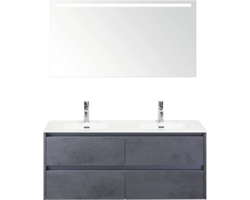 SANOX Badkamermeubelset Dante beton antraciet 120 cm met vier lades incl. dubbele keramische wastafel Cover met twee kraangaten en spiegel met verlichting Badkamermeubelset met wastafelonderkast, wastafel en spiegel