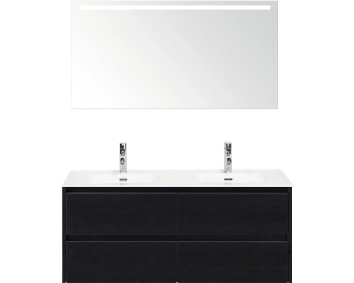 SANOX Badkamermeubelset Dante black oak 120 cm met vier lades incl. dubbele keramische wastafel Cover met twee kraangaten en spiegel met verlichting Badkamermeubelset met dubbele wastafel, onderkast met lades en spiegel met verlichting