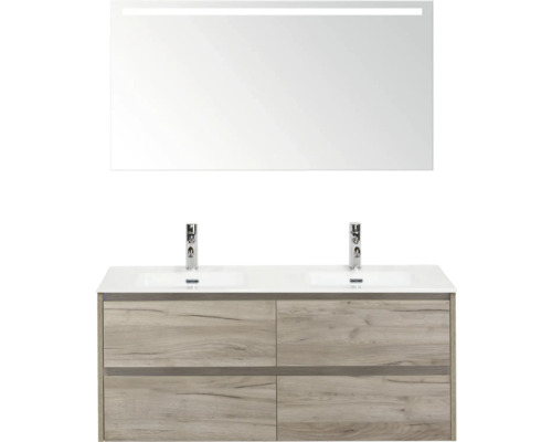 SANOX Badkamermeubelset Dante craft oak 120 cm met vier lades incl. dubbele keramische wastafel Cover met twee kraangaten en spiegel met verlichting Wastafelmeubel met onderkast, dubbele wasbak, twee kranen en verlichte spiegel