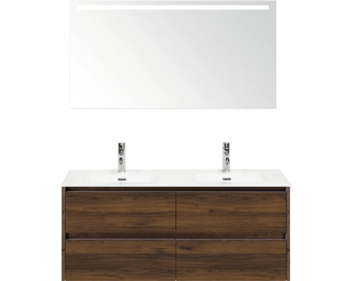 SANOX Badkamermeubelset Dante walnoot 120 cm met vier lades incl. dubbele keramische wastafel Cover met twee kraangaten en spiegel met verlichting Wastafelcombinatie met twee wastafels, onderkast en spiegel met verlichting