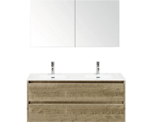 SANOX Badkamermeubelset Dante natuur eiken 120 cm met vier lades incl. dubbele keramische wastafel Cover met twee kraangaten en spiegelkast Wastafelmeubel met twee wastafels, houten onderkast en spiegelkast