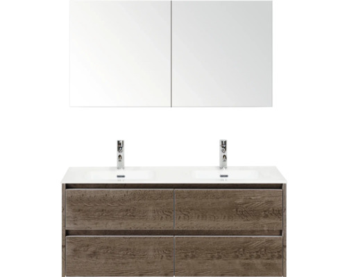 SANOX Badkamermeubelset Dante tabacco 120 cm met vier lades incl. dubbele keramische wastafel Cover met twee kraangaten en spiegelkast Wastafelmeubel met twee wastafels, onderkast en spiegelkast