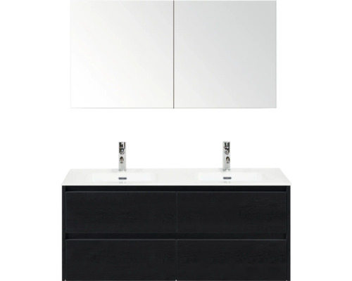 SANOX Badkamermeubelset Dante black oak 120 cm met vier lades incl. dubbele keramische wastafel Cover met twee kraangaten en spiegelkast Wastafelmeubel met twee wastafels, onderkast met vier laden en spiegelkast
