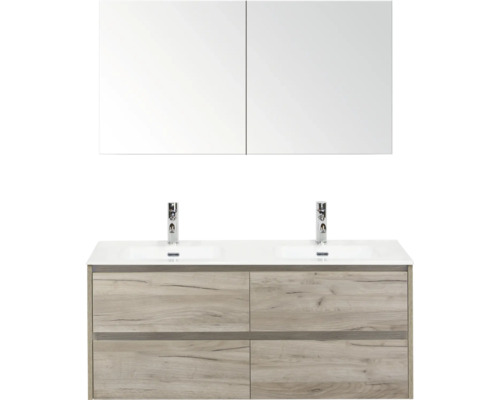 SANOX Badkamermeubelset Dante craft oak 120 cm met vier lades incl. dubbele keramische wastafel Cover met twee kraangaten en spiegelkast Badkamer met wastafelonderkast, twee wastafels, twee kranen en spiegelkast