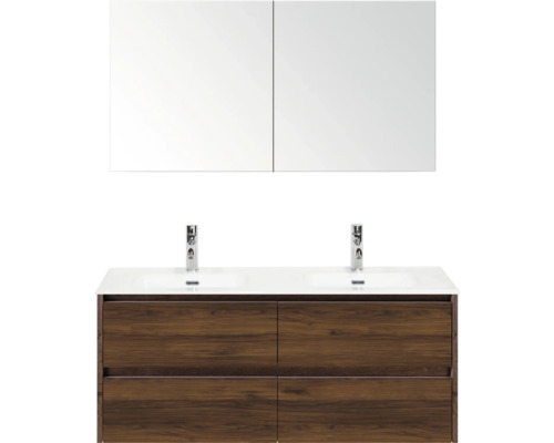 SANOX Badkamermeubelset Dante walnoot 120 cm met vier lades incl. dubbele keramische wastafel Cover met twee kraangaten en spiegelkast Wastafelcombinatie met twee wastafels, kranen en spiegelkast
