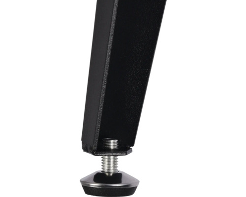 Detail van een zwarte metalen tafelpot met schroefdraad en nivelleringsvoet.