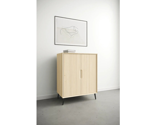 Modern houten dressoir met twee deuren en een ingelijst kunstwerk erboven