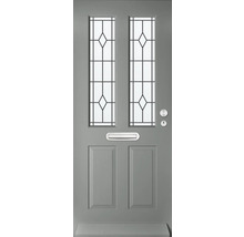 Grijze voordeur met glazen panelen, brievenbus, deurknop en slot