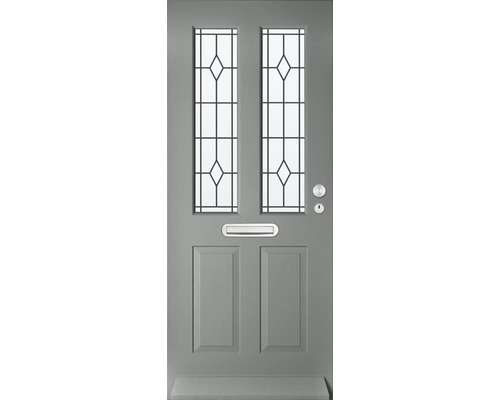 Grijze voordeur met glazen panelen, brievenbus, deurknop en slot