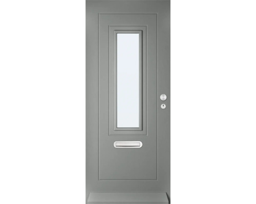 Grijze voordeur met glazen paneel en brievenbus