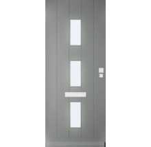 Grijze voordeur met drie glazen panelen en brievenbus