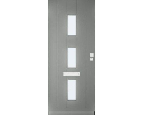 Grijze voordeur met drie glazen panelen en brievenbus