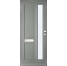 Grijze voordeur met glazen inzet, brievenbus, deurklink en slot