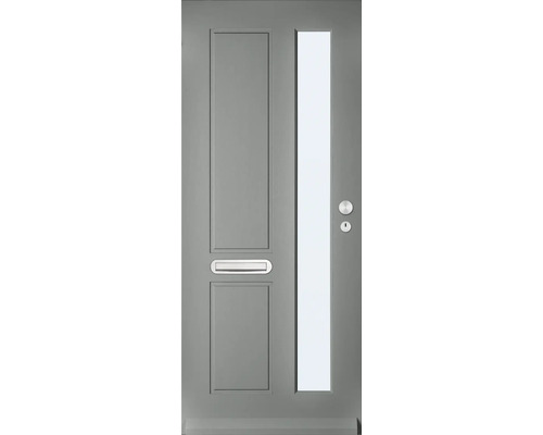 Grijze voordeur met glazen inzet, brievenbus, deurklink en slot