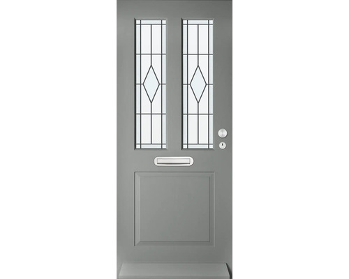 Grijze voordeur met glaspanelen en brievenbus