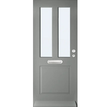 Grijze voordeur met twee glazen panelen, brievenbus en deurbeslag