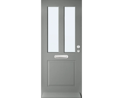 Grijze voordeur met twee glazen panelen, brievenbus en deurbeslag
