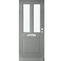 Grijze voordeur met twee glazen panelen, brievenbus en deurknop