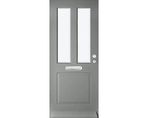 Grijze voordeur met twee glazen panelen, brievenbus en deurknop